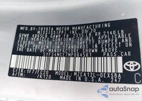 2021 Toyota Corolla Se из США, поврежденный, VIN 5YFS4MCE7MP064561